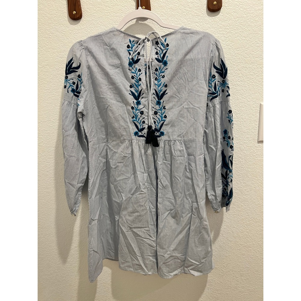 Zara Kaftan Top Womens M Stripe Cotton Boho Gypsy Tassel Embroidered Blue NWT